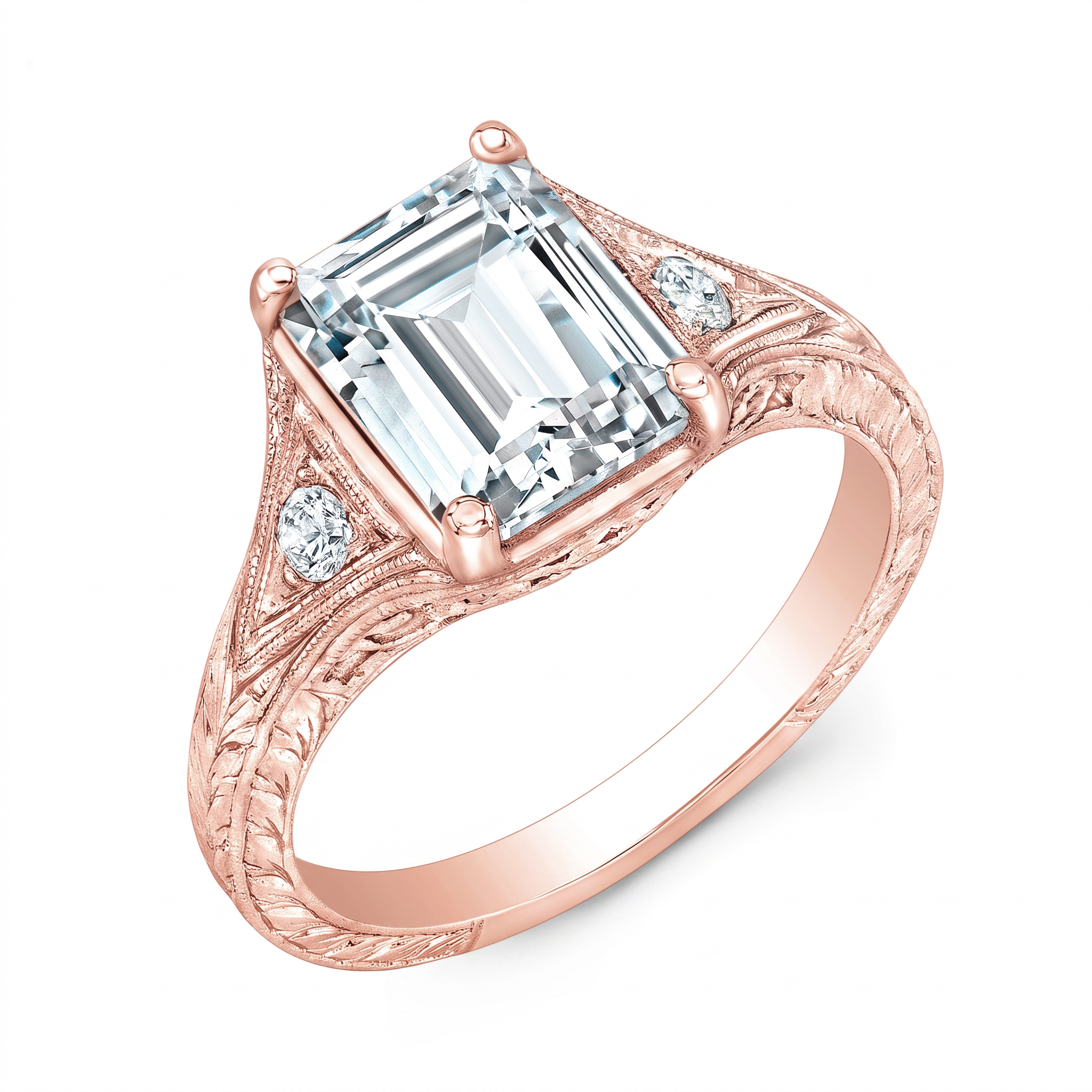 Antique Inspired Emerald Cut Diamond Engagement Ring with Mill Graining by Gordon Clark