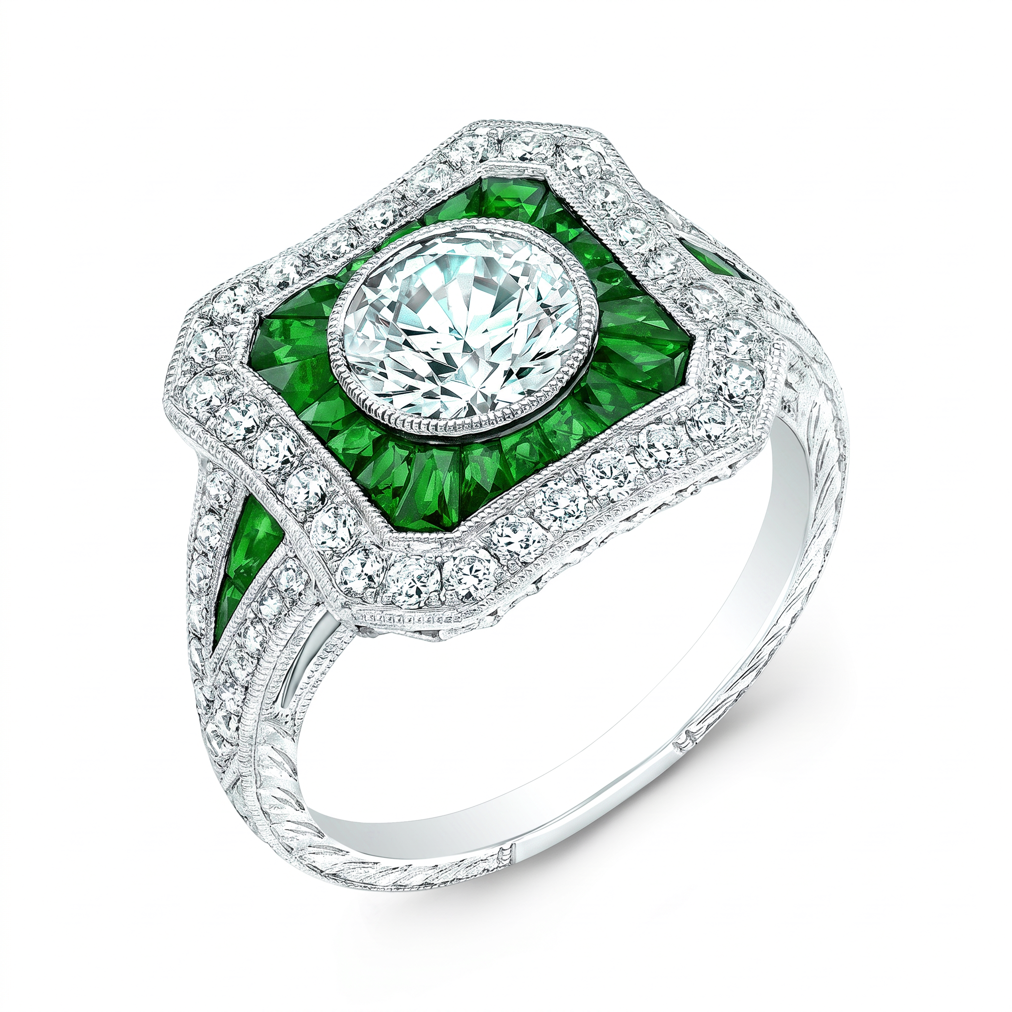 Hand Engraved Diamond and Emerald Bezel Set Ring by Jolie Designs