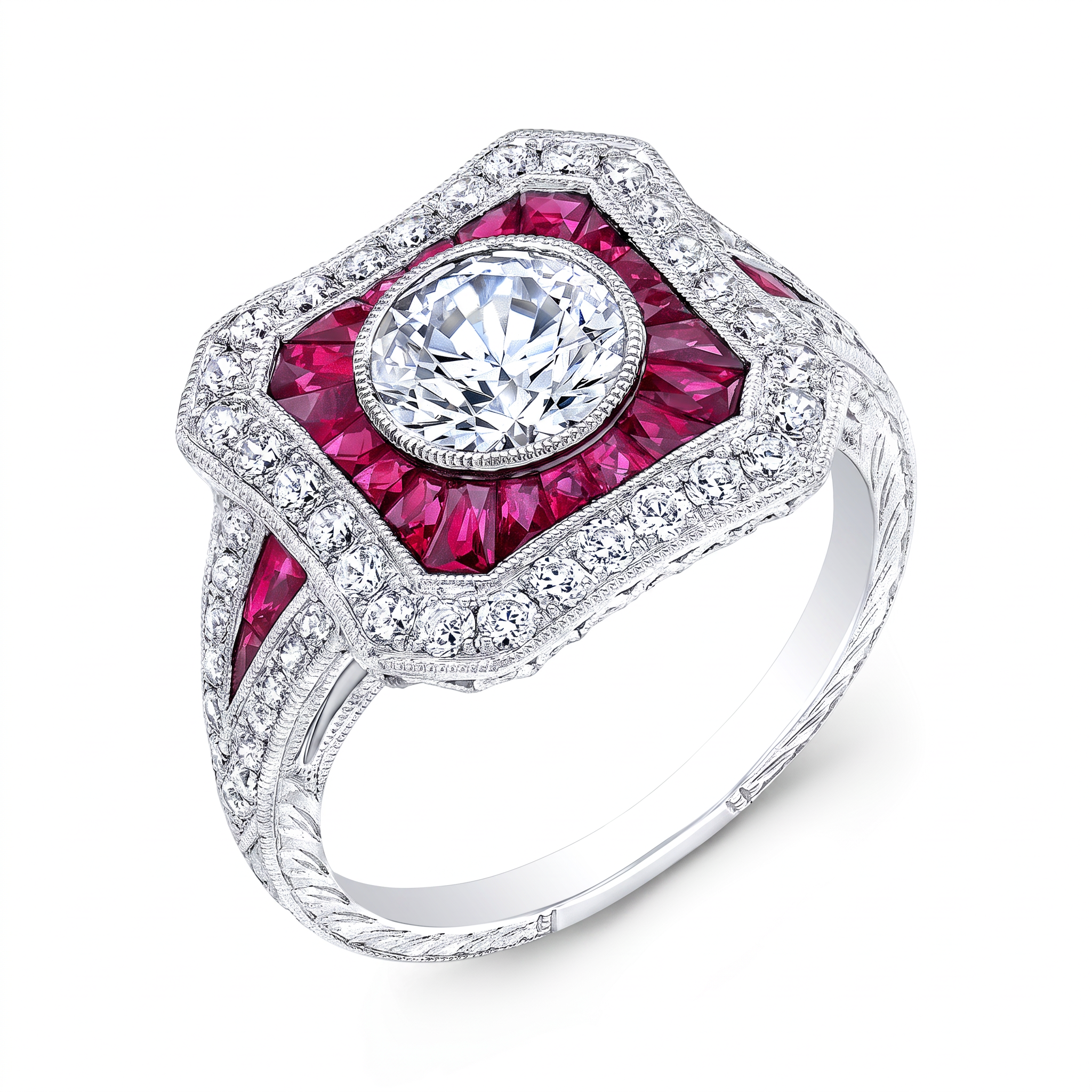 Hand Engraved Diamond and Ruby Bezel Set Ring by Jolie Designs