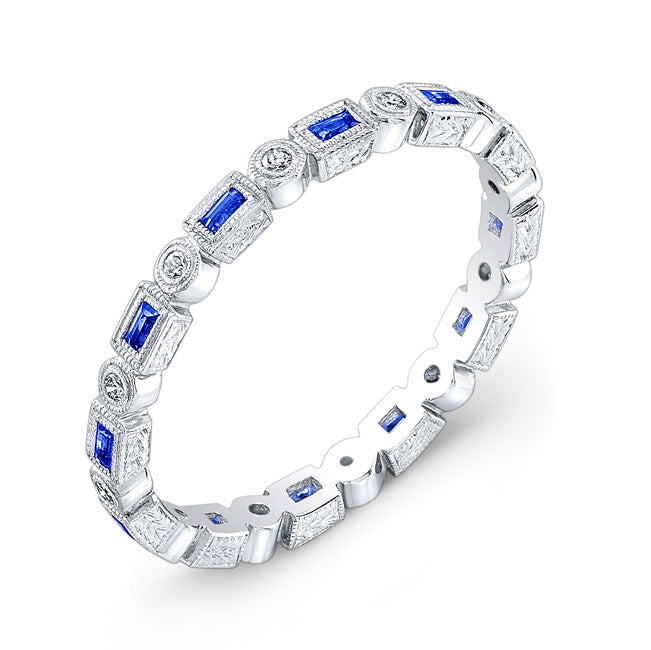 Hand Engraved Blue Sapphire Baguette and Diamond Stackable Ring by Jolie Designs