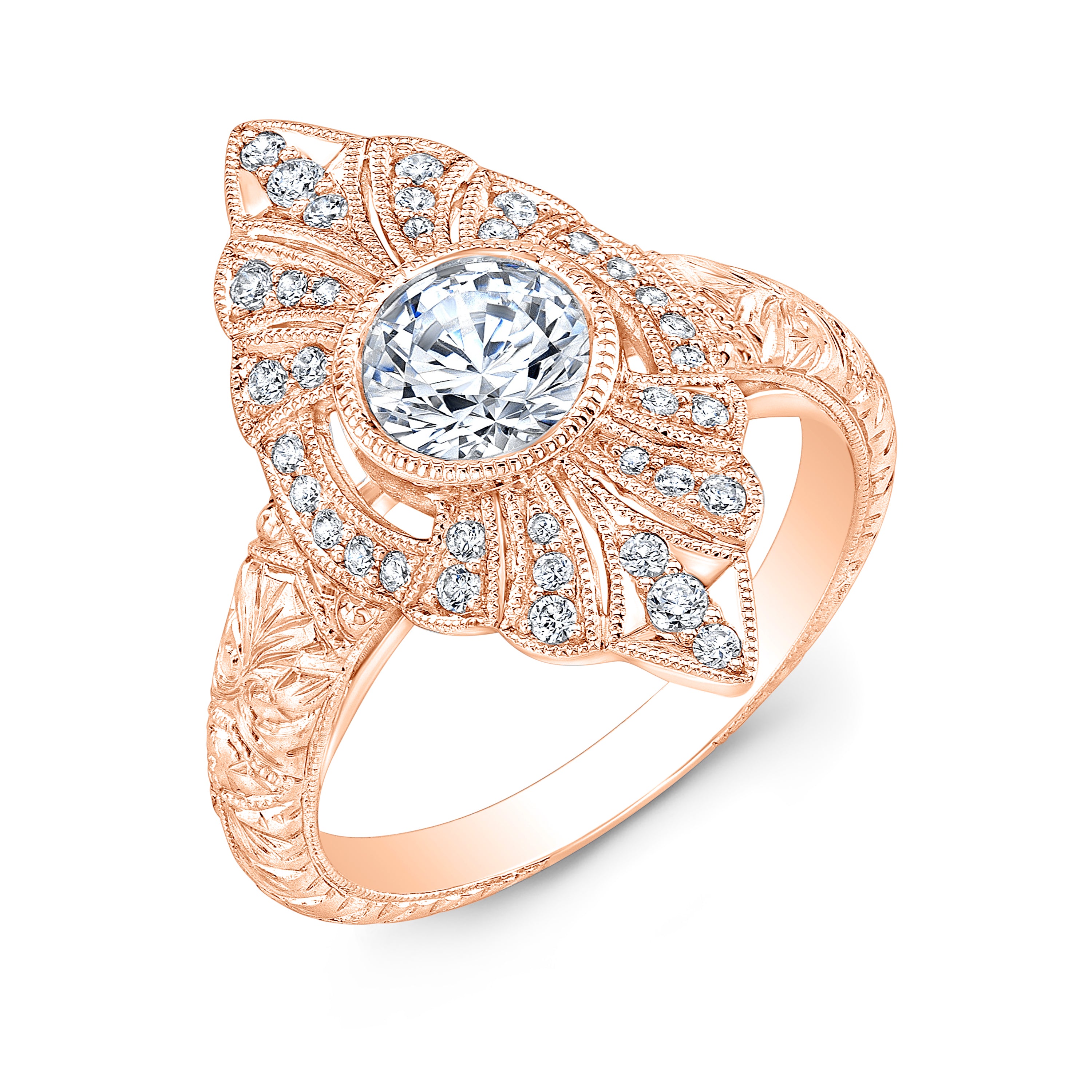 Hand Engraved Marquise Diamond Bezel Engagement Ring by Jolie Designs