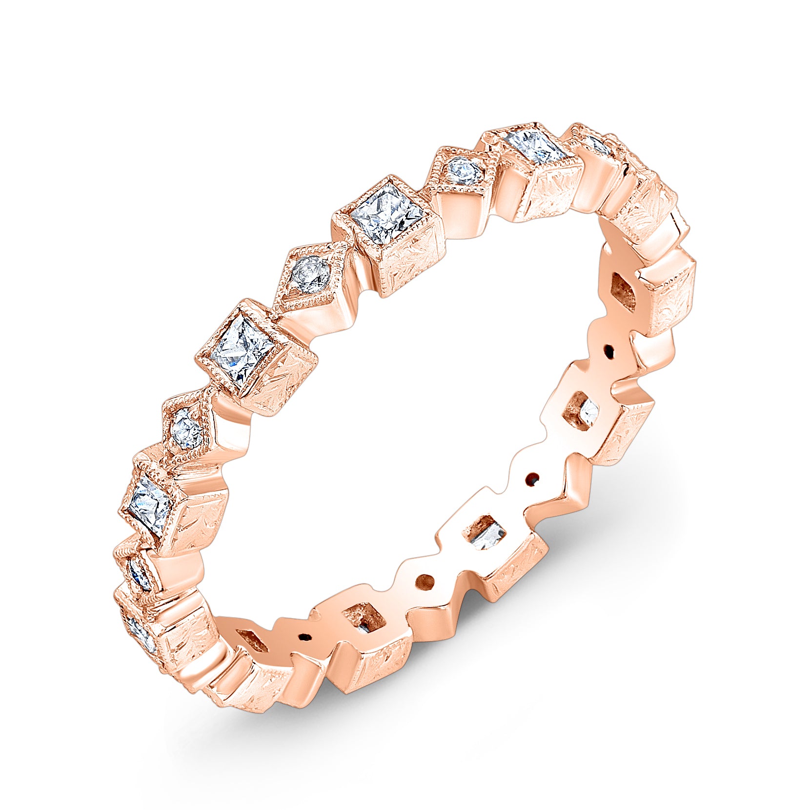Princess Cut and Round Diamond Hand Engraved Stackable Ring by Jolie Designs