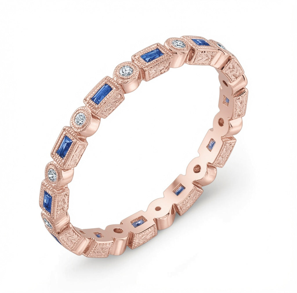 Hand Engraved Blue Sapphire Baguette and Diamond Stackable Ring by Jolie Designs