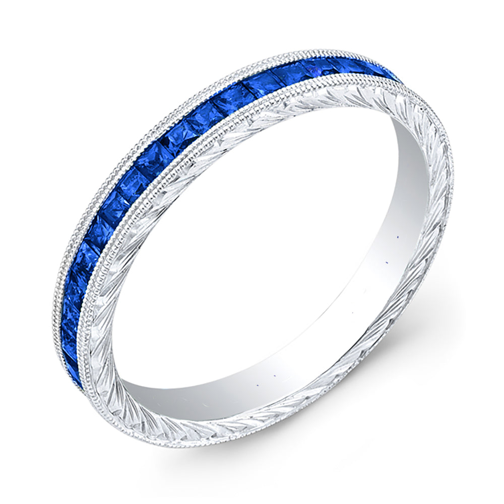 Hand Engraved Princess Cut Blue Sapphire Half Way Channel Set Ring by Jolie Designs