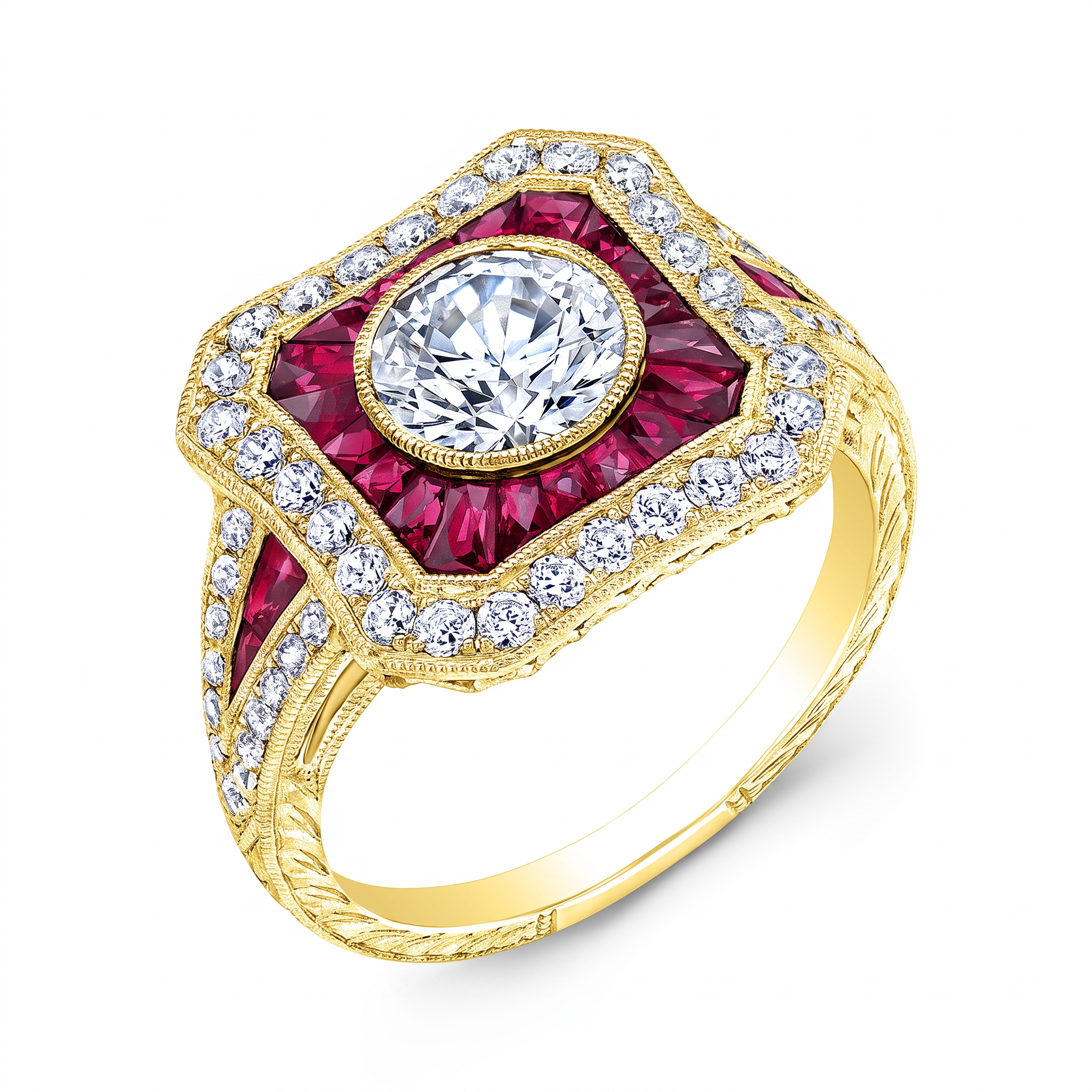 Hand Engraved Diamond and Ruby Bezel Set Ring by Jolie Designs
