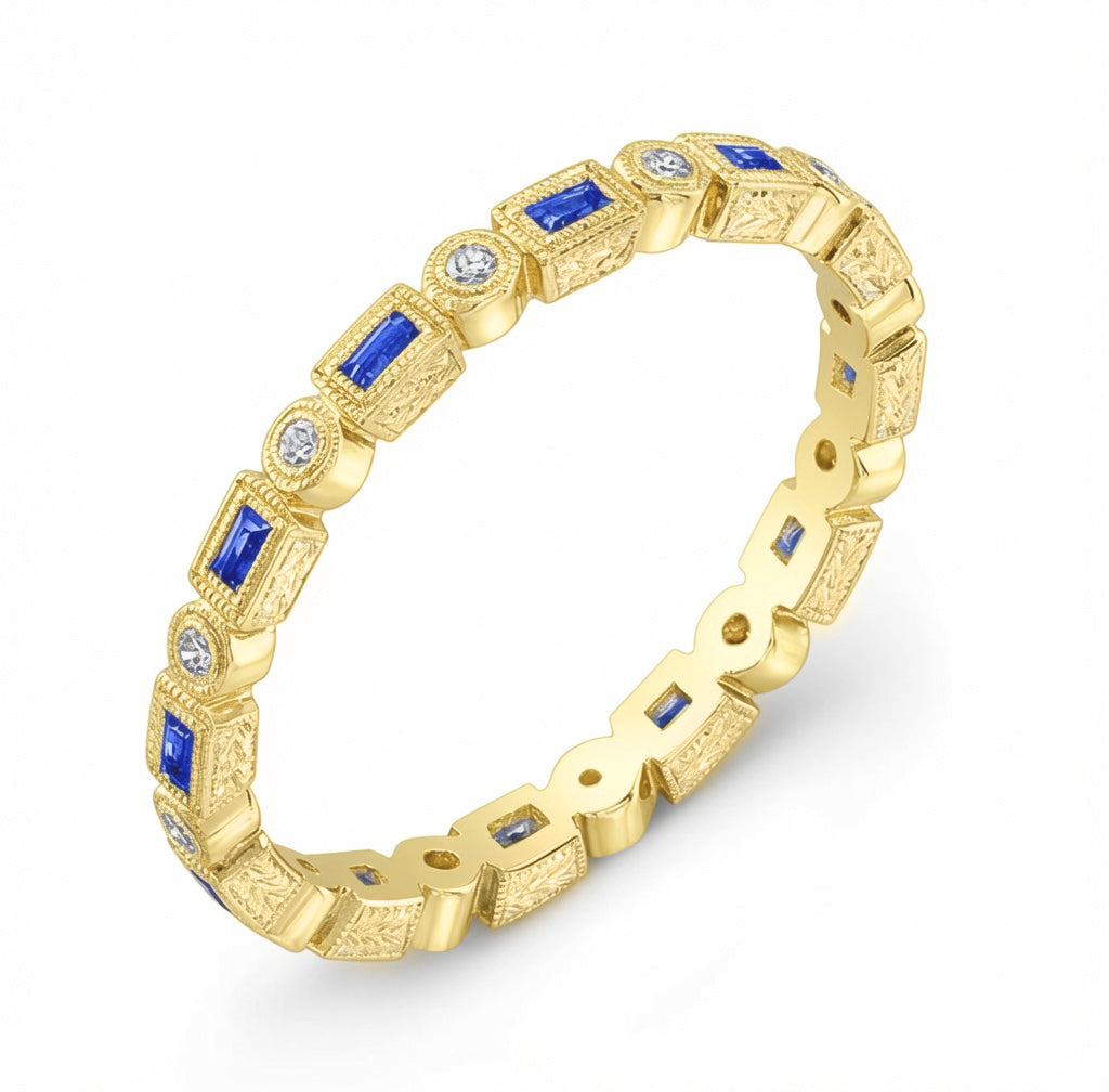 Hand Engraved Blue Sapphire Baguette and Diamond Stackable Ring by Jolie Designs