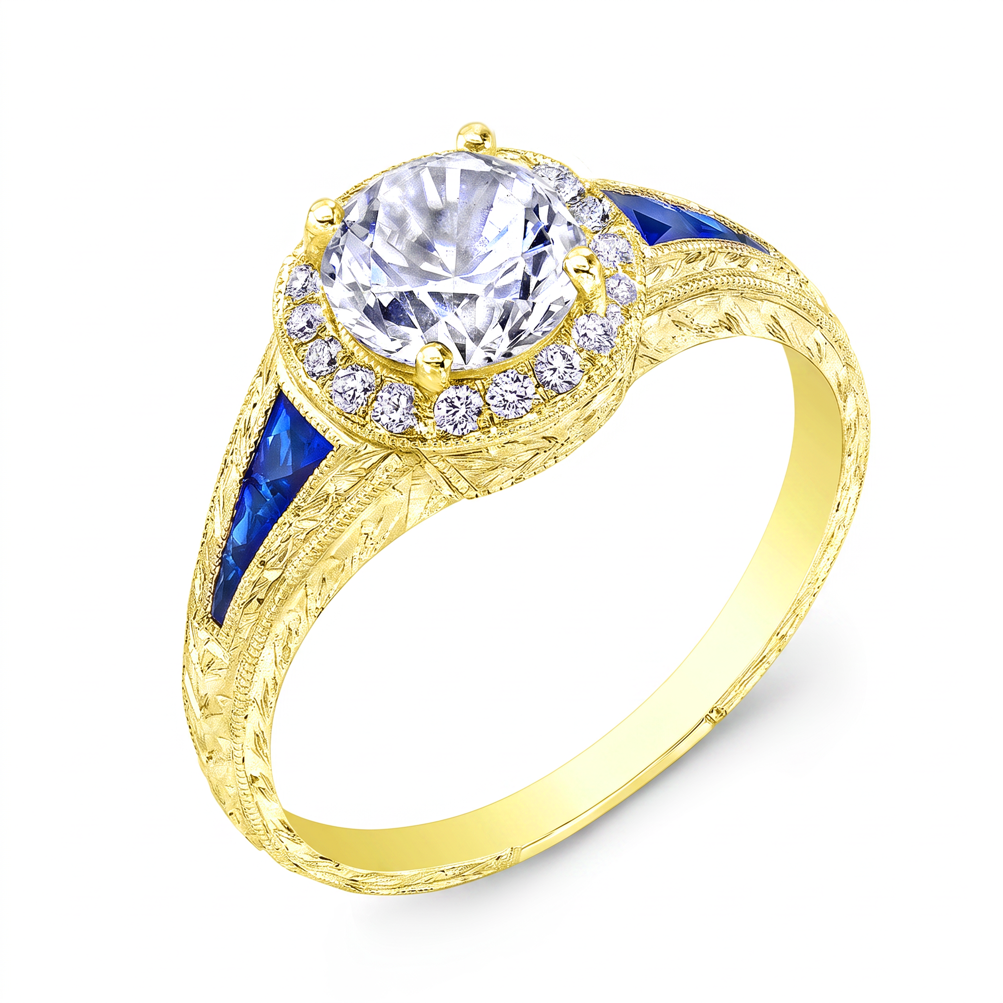 Engraved Antique Style Diamond and Blue Sapphire Halo Engagement Ring by Jolie Designs