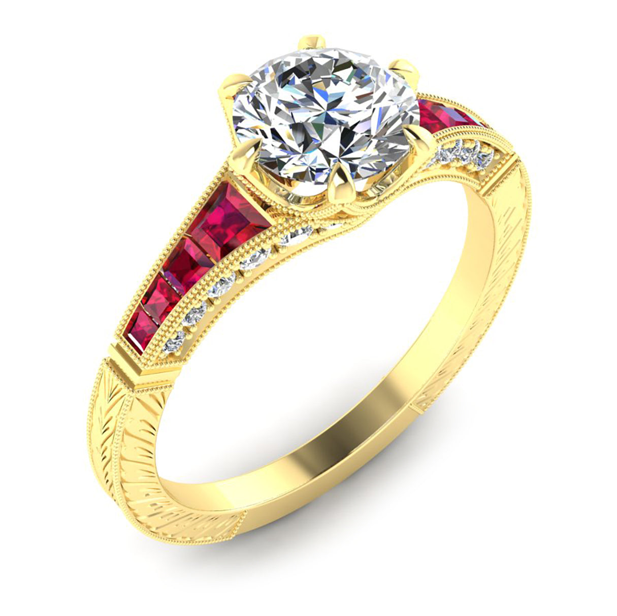 Hand Engraved Diamond and Ruby Semi Mount Ring by Jolie Designs