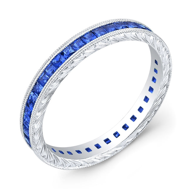 Hand Engraved Gold Ring with Princess Cut Blue Sapphires by Jolie Designs