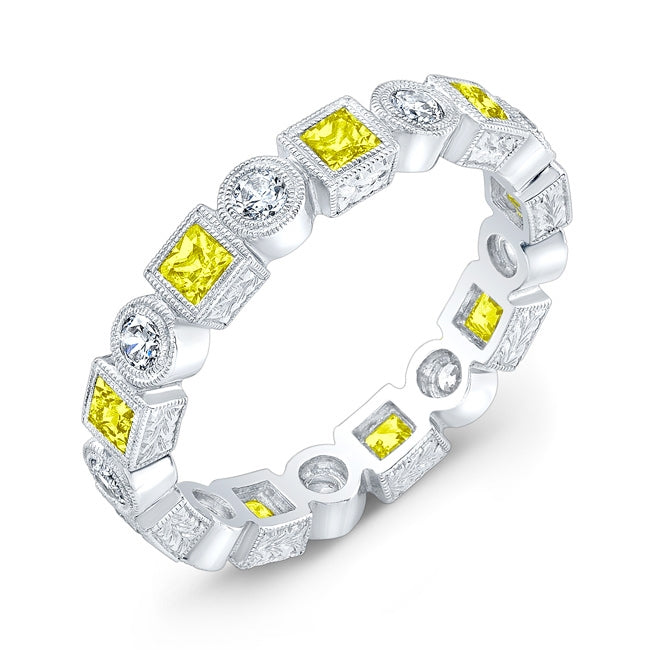 Fine Millgraining Bezel Diamonds and Yellow Sapphire Ring by Jolie Designs