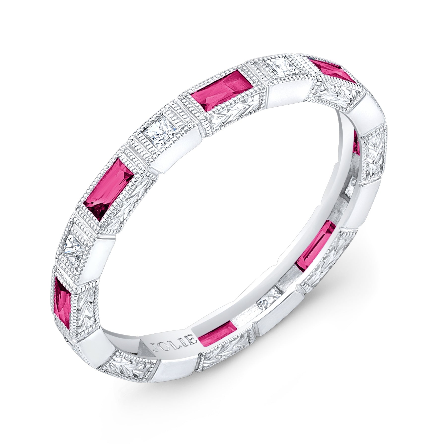 Baguette Pink Sapphire and Princess Cut Diamond Engraved Ring by Jolie Designs