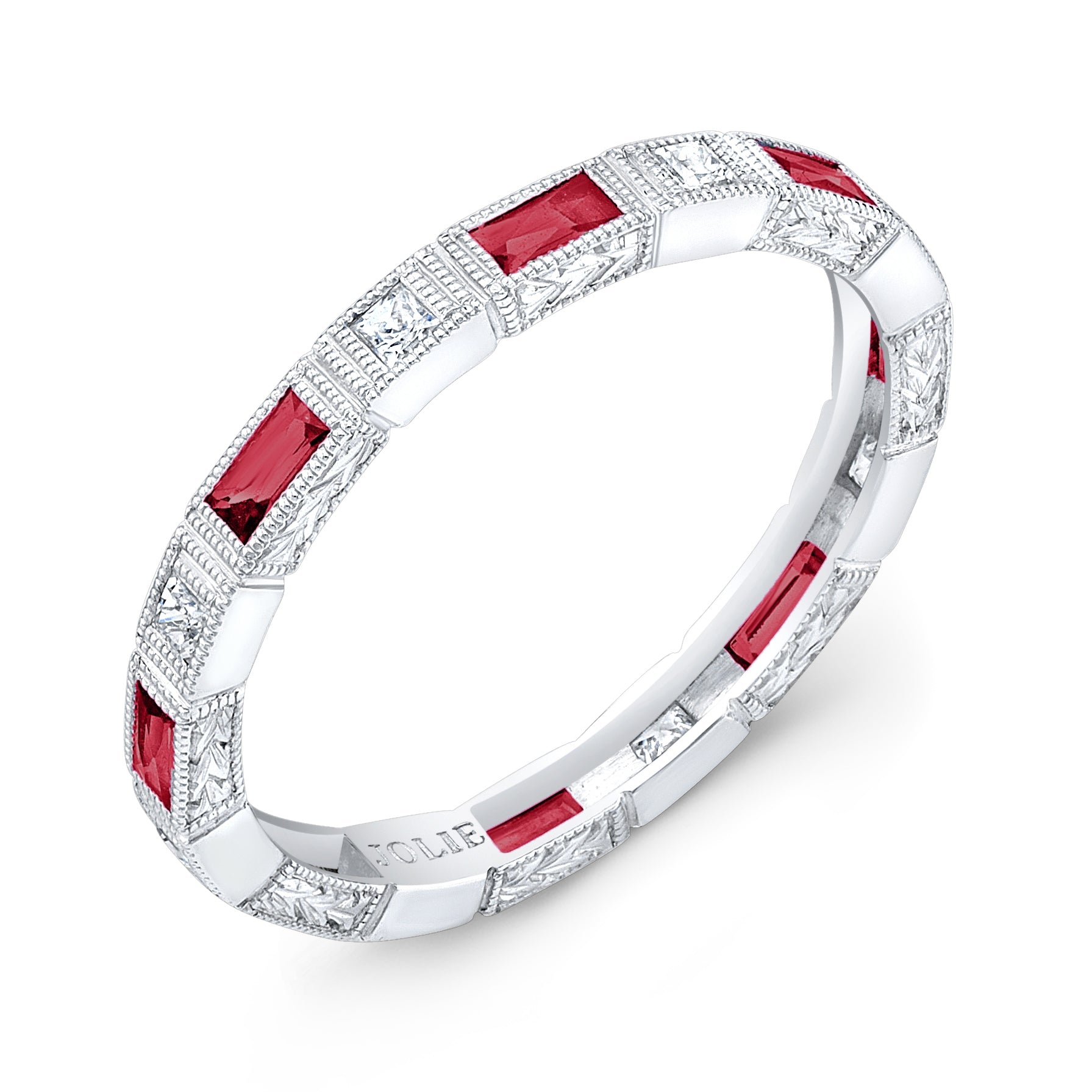 Baguette Ruby and Princess Cut Diamond Mill-Grain Engraved Ring by Jolie Designs