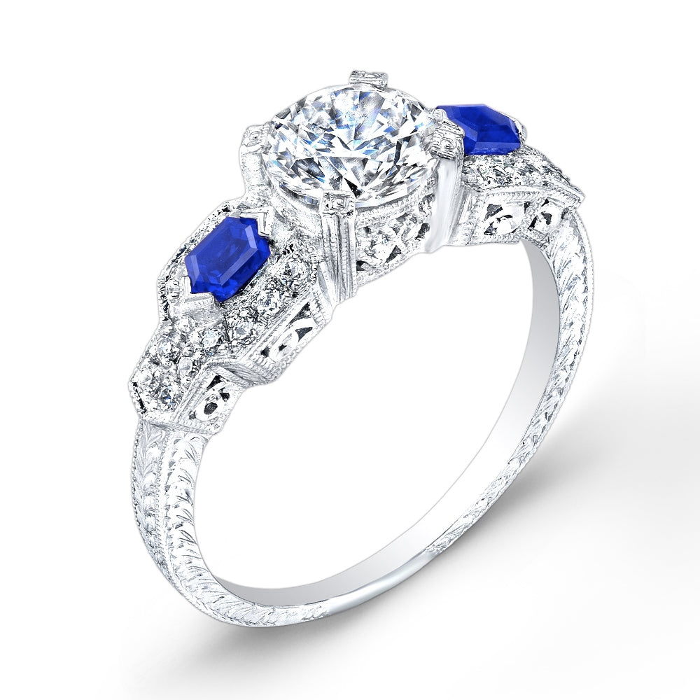 Eloquently Mill Grained Diamond and Blue Sapphire Stackable Engagement Ring by Jolie Designs