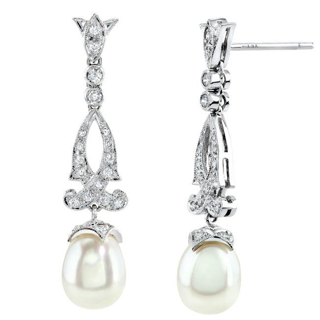 Diamond and Pearl Filigree Hoop Earrings in 24K Gold Plated Brass by Jolie Designs