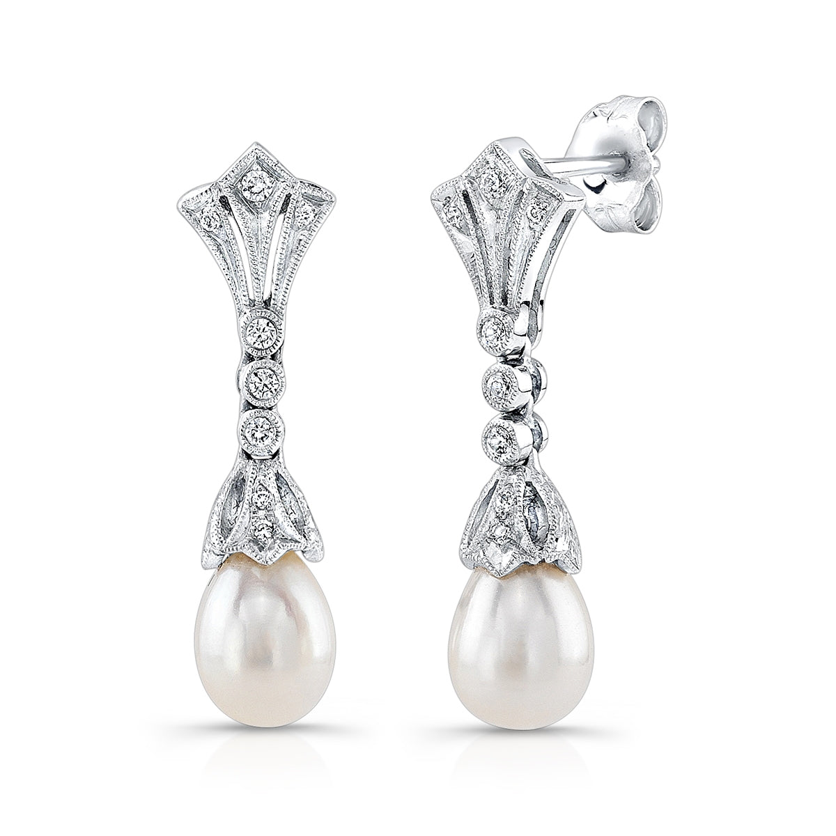 Bezel Diamond and Pearl Dangle Post Earrings in White Gold or Platinum by Jolie Designs