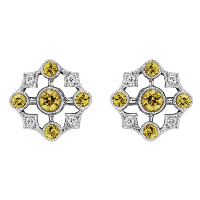 Mill-grained Diamond and Yellow Sapphire Earrings by Jolie Designs
