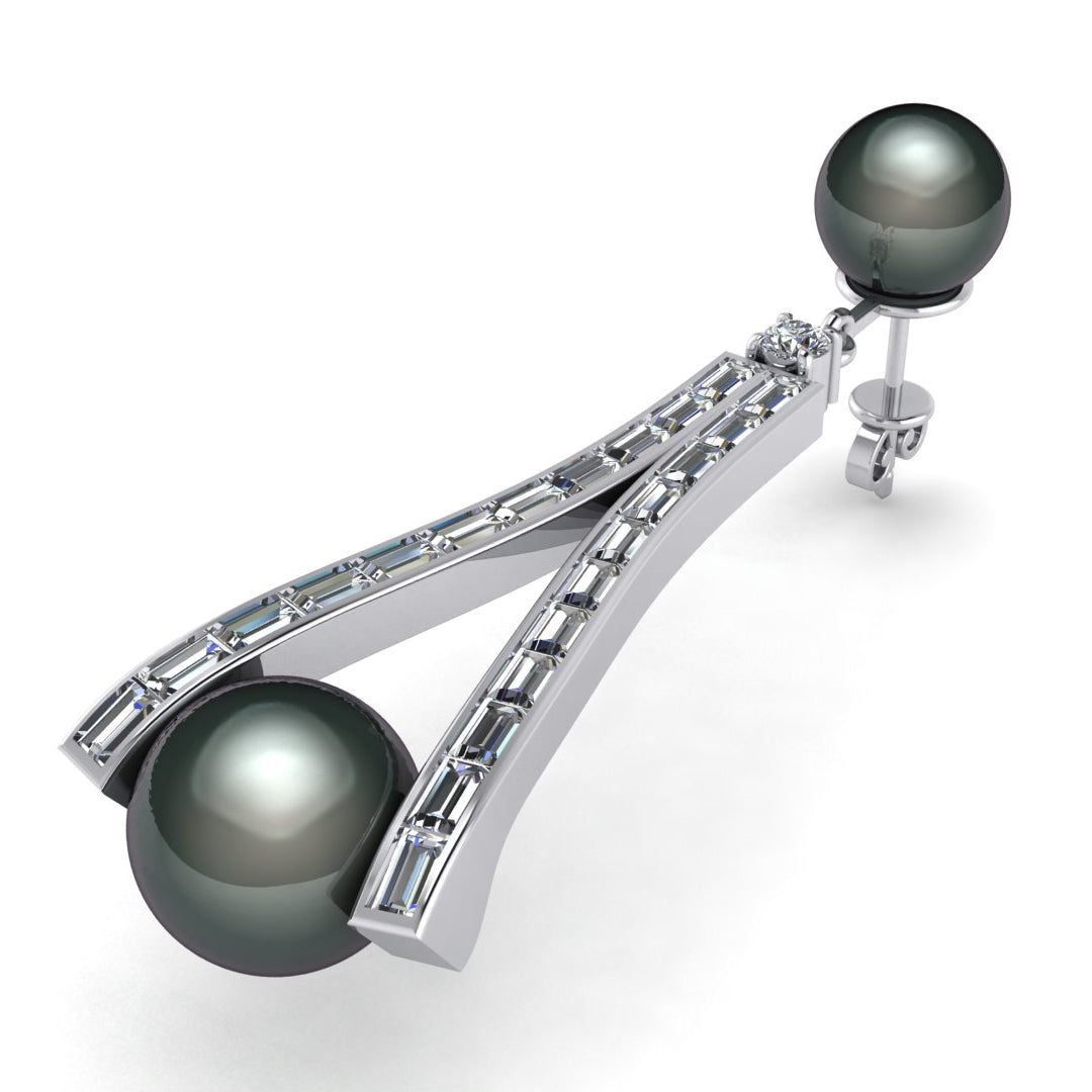 Black Sea Pearl and Diamond Modern Earrings by Jolie Designs