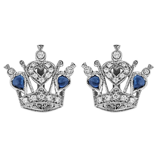 Mill-grained Diamond and Blue Sapphire Crown Earrings by Jolie Designs