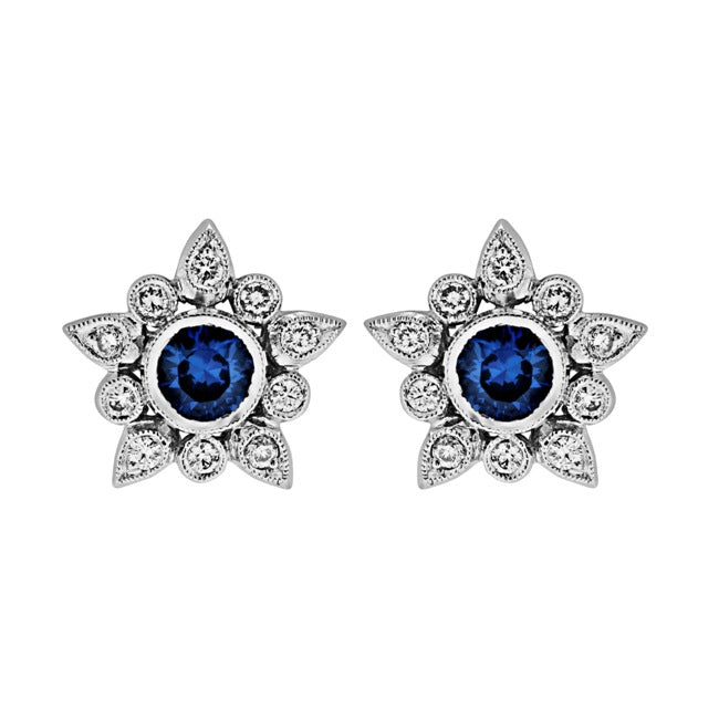 Diamond and Blue Sapphire Flower Earrings by Jolie Designs