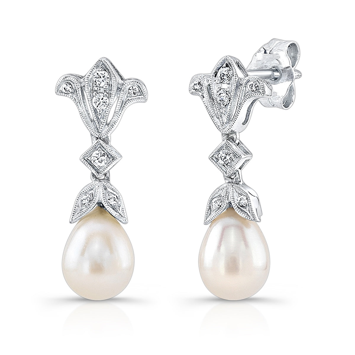 Elegant Diamond and Pearl Post Earrings by Jolie Designs