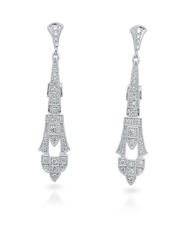 Art Deco Diamond Post Back Dangle Earrings by Jolie Designs