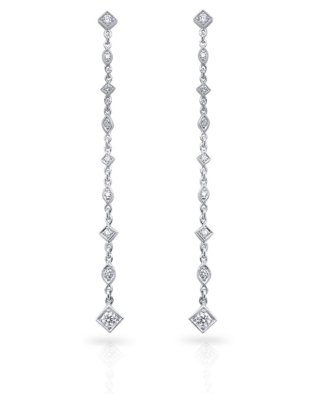 Square and Marquise Diamond Pattern Mill Grain Dangle Earrings by Jolie Designs