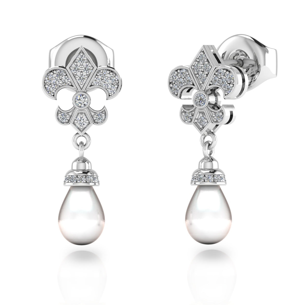 Diamond Fleur De Lis and Pearl Drop Post Dangle Earrings by Jolie Designs