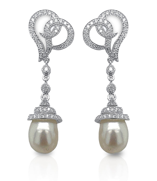 Abstract Heart Diamond and Pearl Drop Post Earrings by Jolie Designs