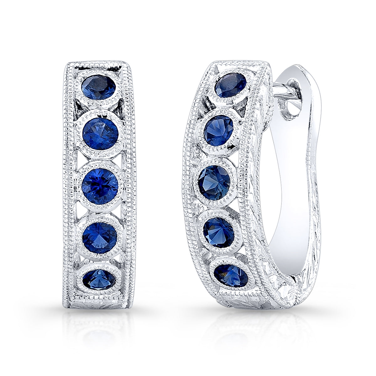 Antique Style Engraved Bezel Set Blue Sapphire Earrings by Jolie Designs