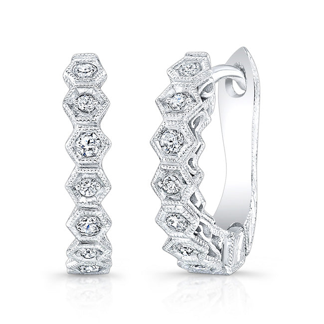 Hexagon Honeycomb Pave Diamond Engraved Huggie Earrings by Jolie Designs