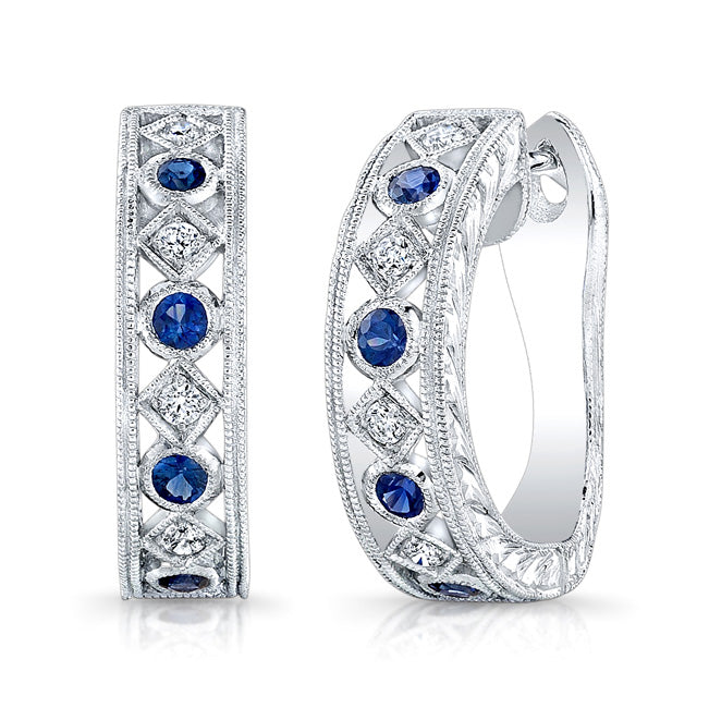 Engraved Diamond & Blue Sapphire Earrings by Jolie Designs