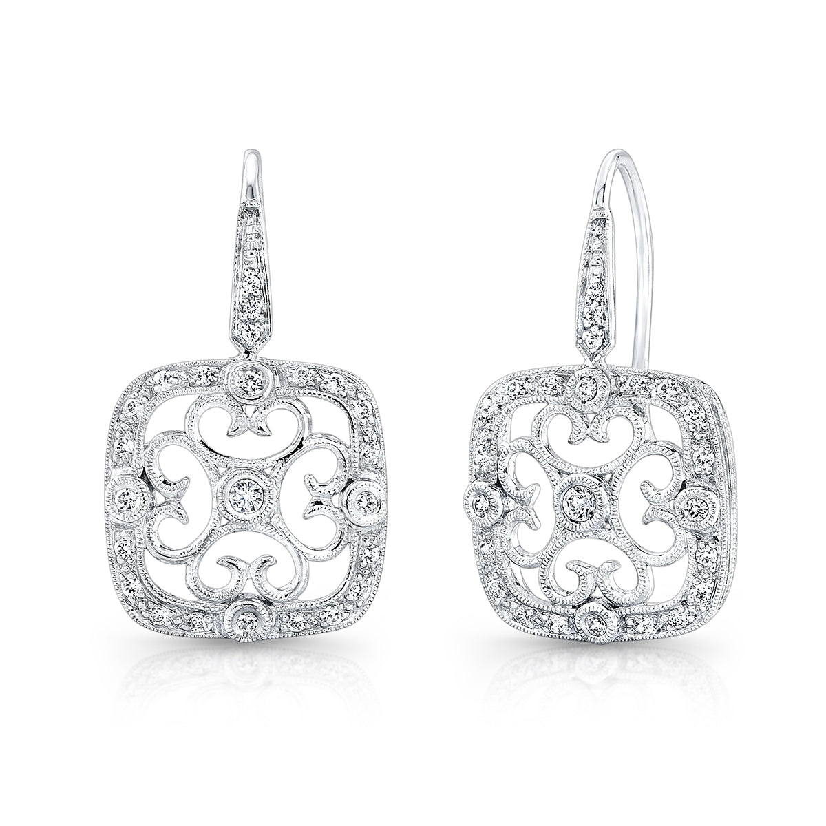 Mill Grained Diamond Fish Tail Dangle Earrings in Gold or Platinum by Jolie Designs