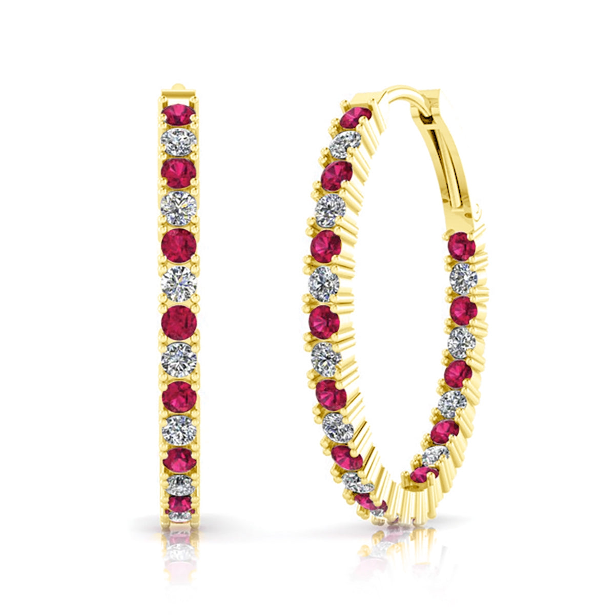 Single Row Inside Out Diamond and Ruby Hoop Earrings by Jolie Designs