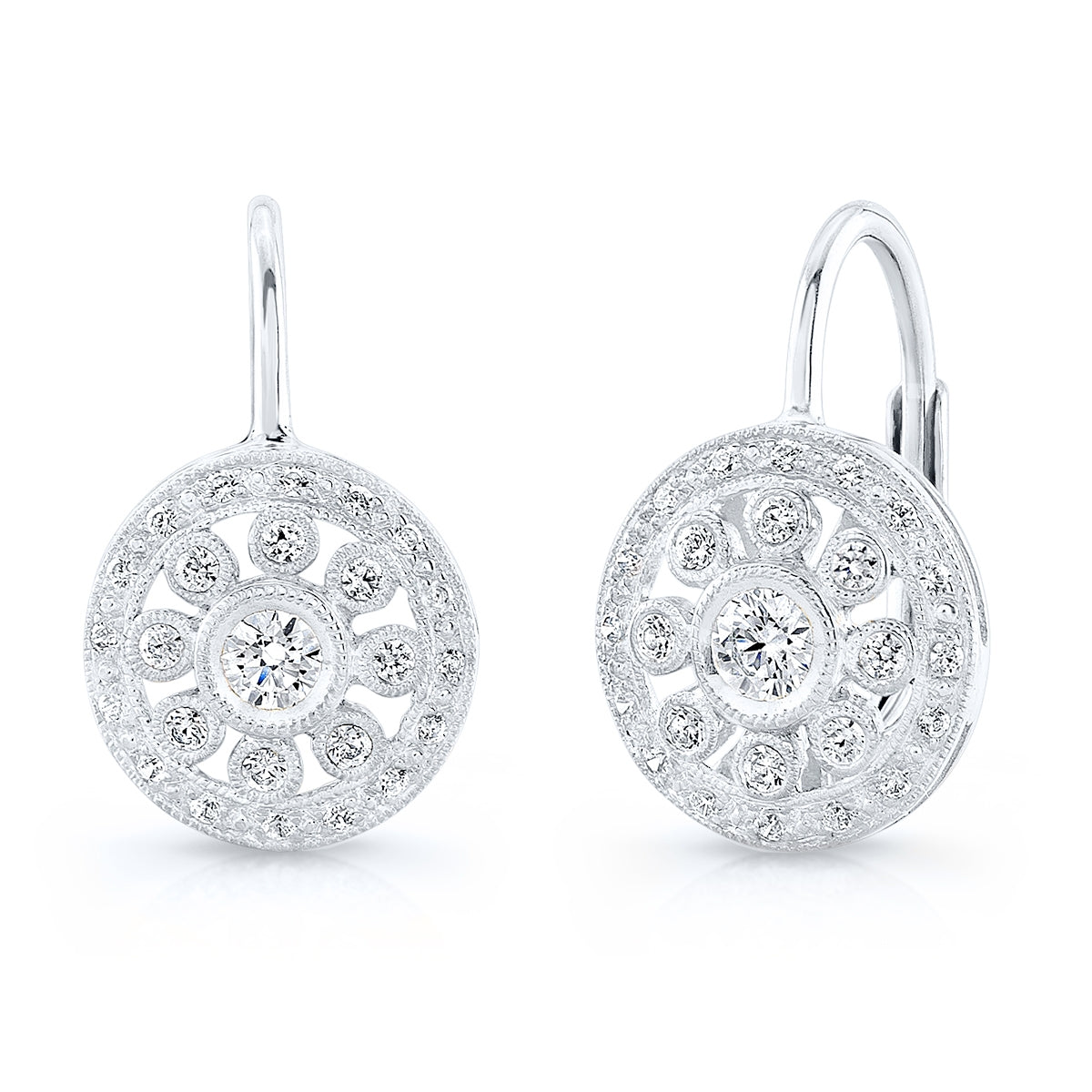 Mill Grained Round Diamond Circle Lever Back Earrings by Jolie Designs