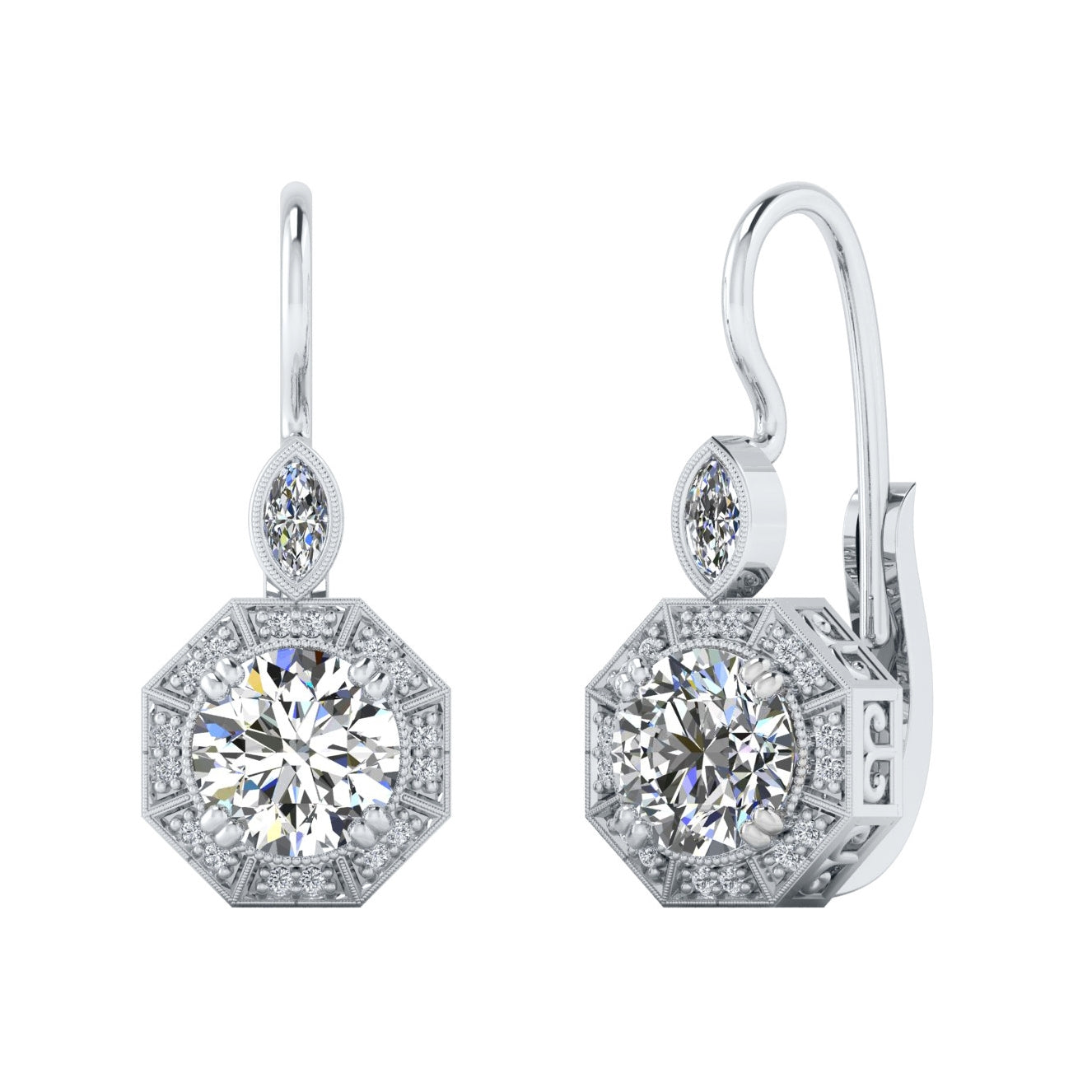 Octagon Halo Marquise Diamond Semi-Mount Lever Back Earrings by Jolie Designs