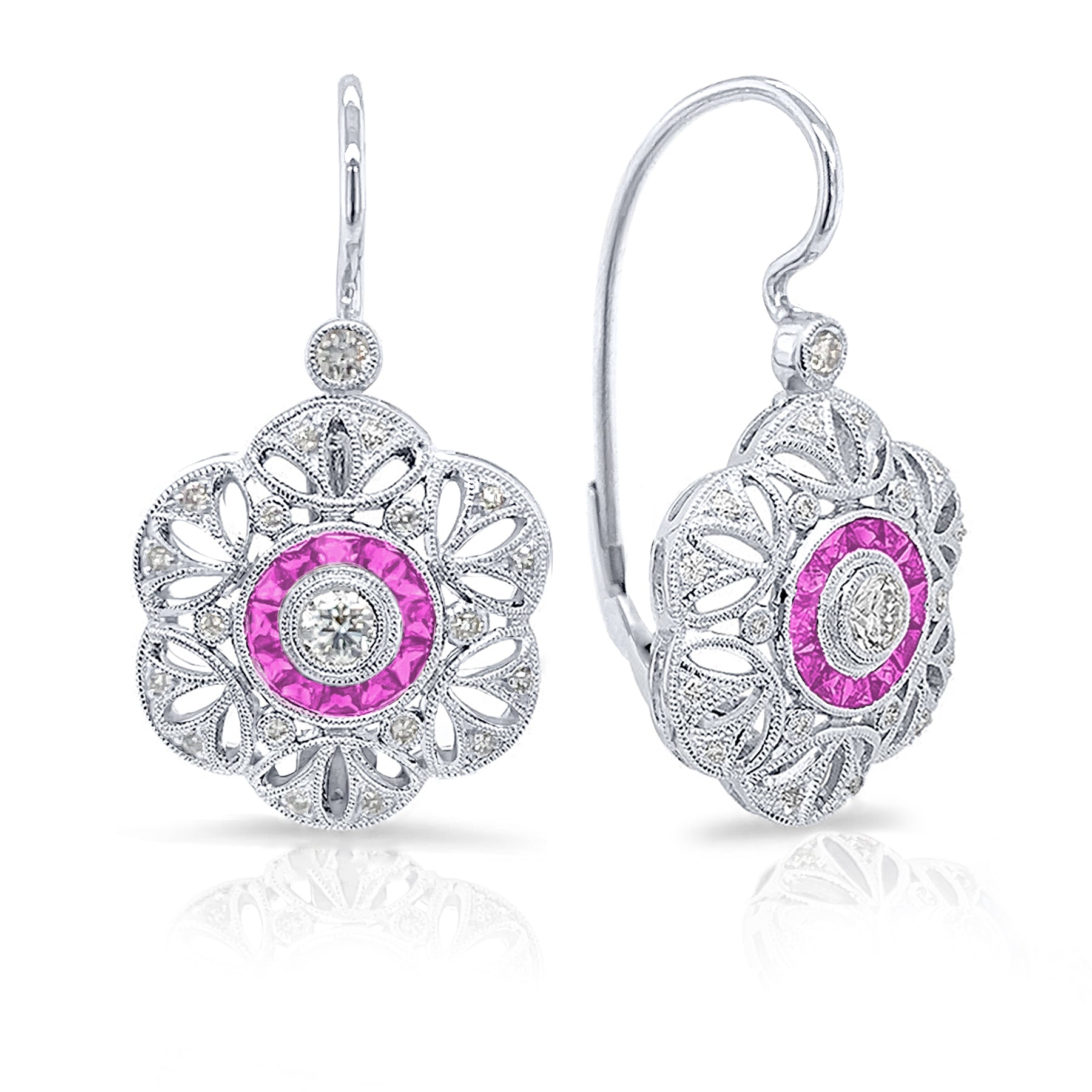 Bezel Set Diamond and Custom Cut Pink Sapphire Halo Lever Back Earrings by Jolie Designs