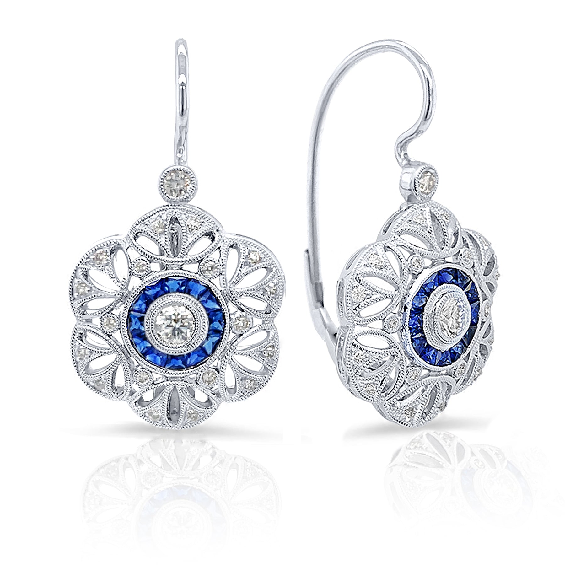 Jolie Designs Bezel Set Diamond and Blue Sapphire Lever Back Earrings - ELV1761DS