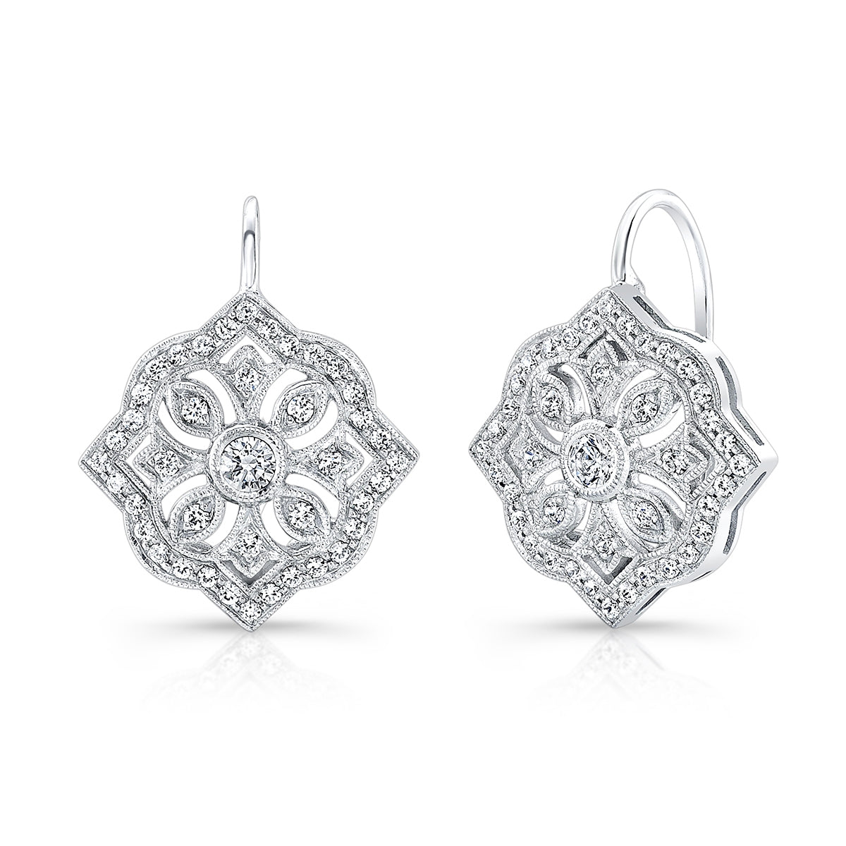 Scalloped Millgrain Lever Back Round Diamond Earrings by Jolie Designs