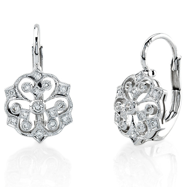 Round Diamond Milgrain Lever Back Earrings in 14K Gold by Jolie Designs