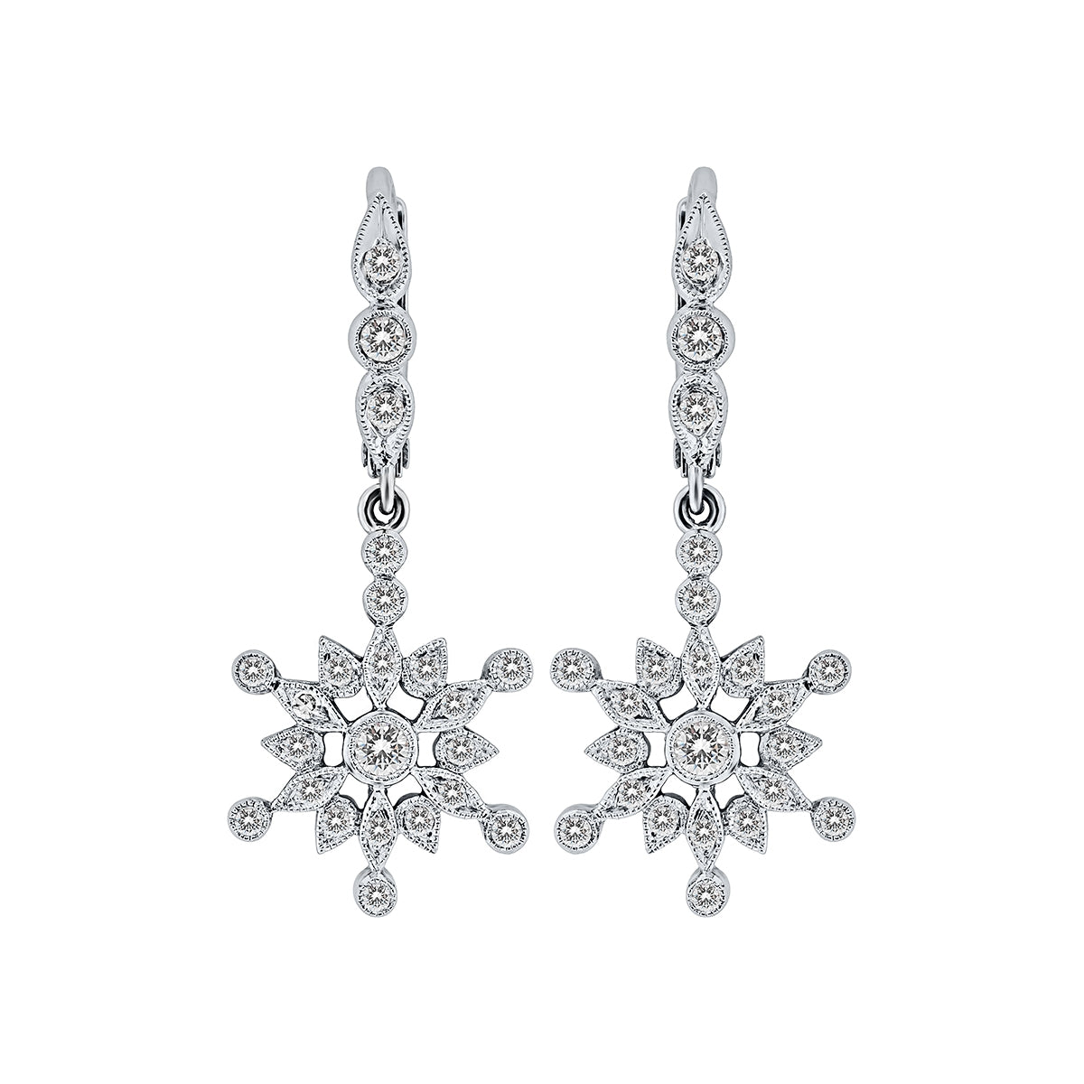 Mill Grained Snowflake Diamond Dangle Lever Back Earrings by Jolie Designs