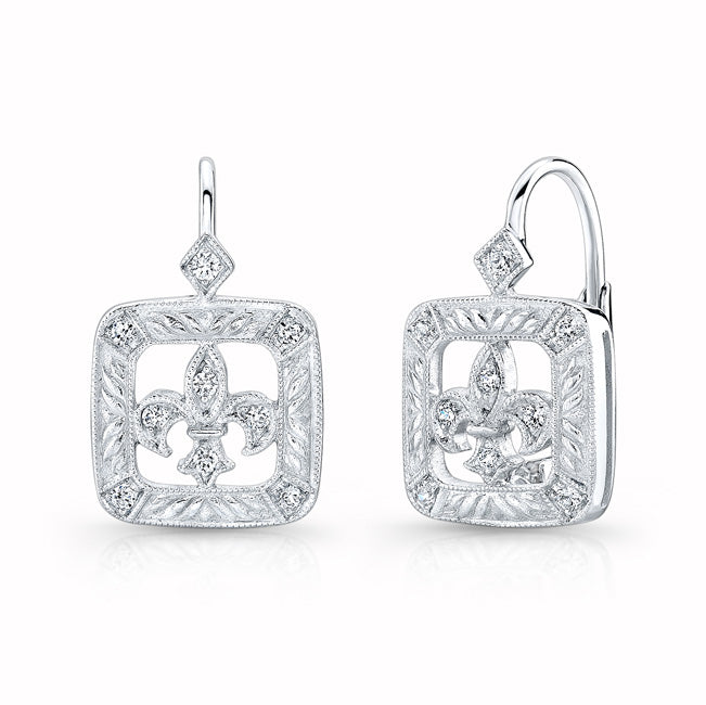 Jolie Designs Mill Grained Diamond Fleur De Li Lever Back Earrings - ELV9007D