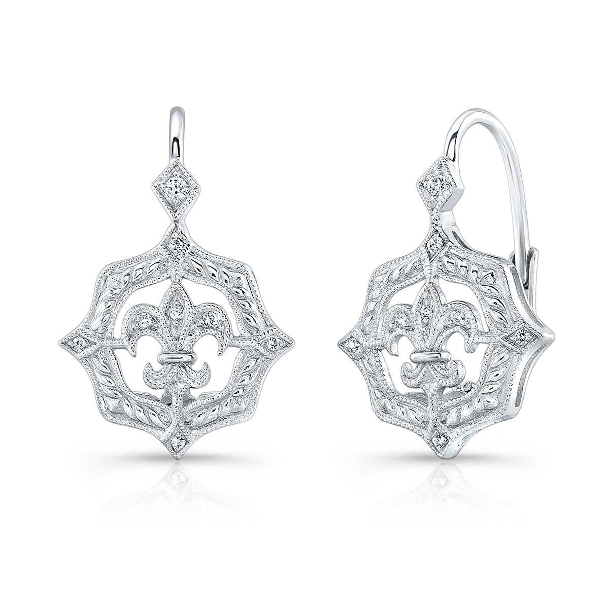 Two-Tone Mill Grained Scalloped Diamond Fleur De Lis Lever Back Earrings by Jolie Designs