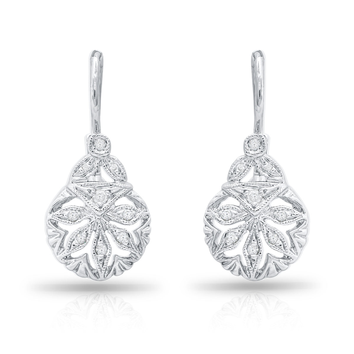 Vintage Round Diamond Ornament Earrings with Milgrain Detail by Jolie Designs