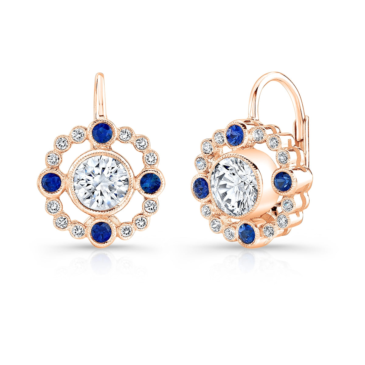 Bezel Set Blue Sapphire and Diamond Lever Back Earrings in 14k White Gold by Jolie Designs