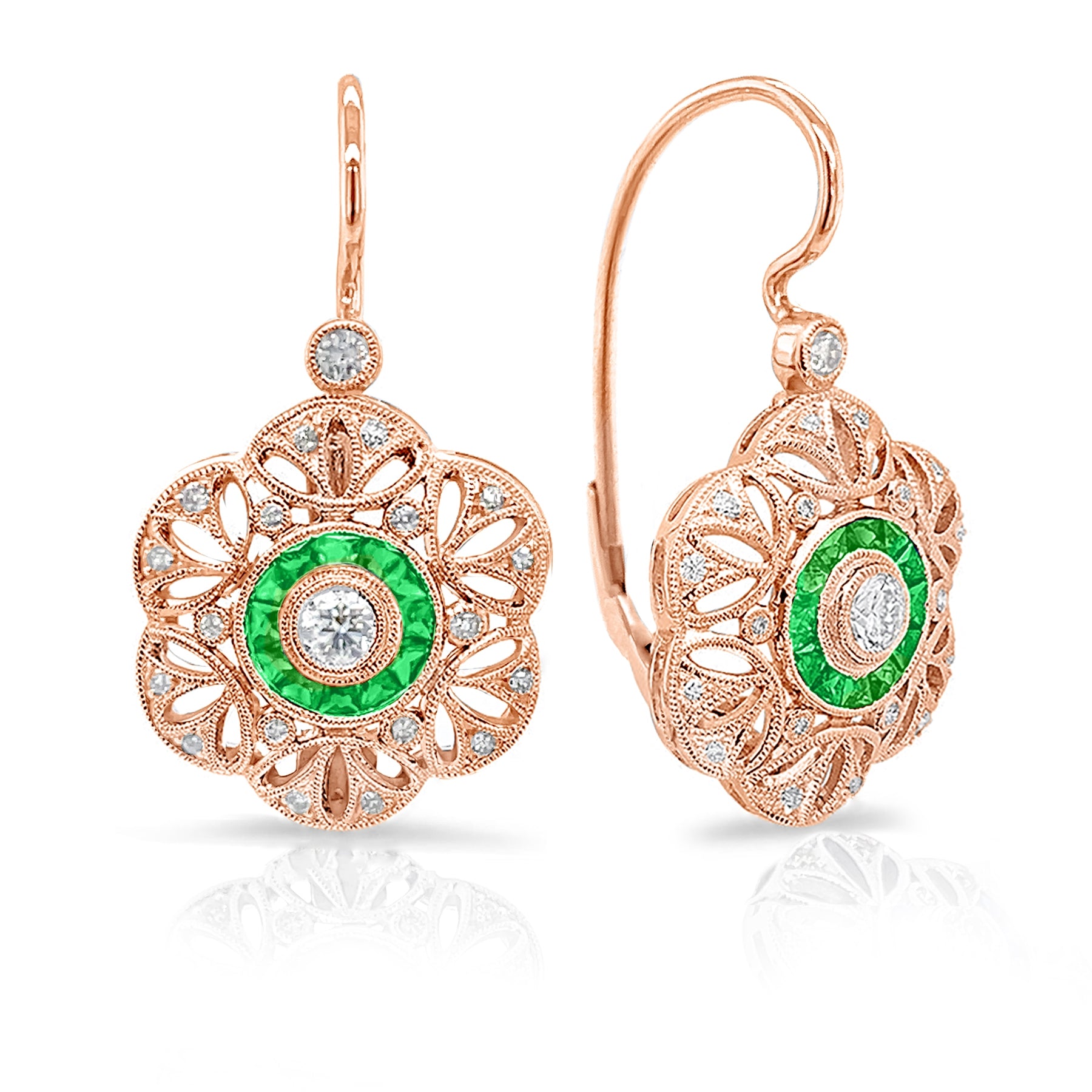 Bezel Set Diamond with Custom Cut Emerald Halo Lever Back Earrings by Jolie Designs