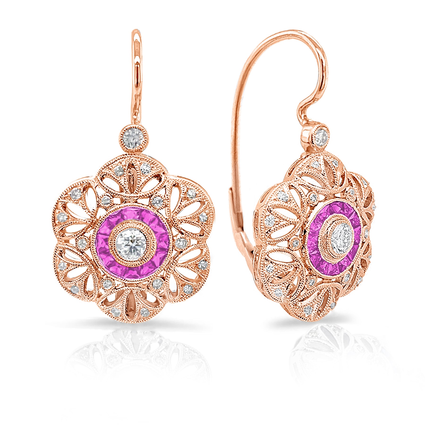 Bezel Set Diamond and Custom Cut Pink Sapphire Halo Lever Back Earrings by Jolie Designs
