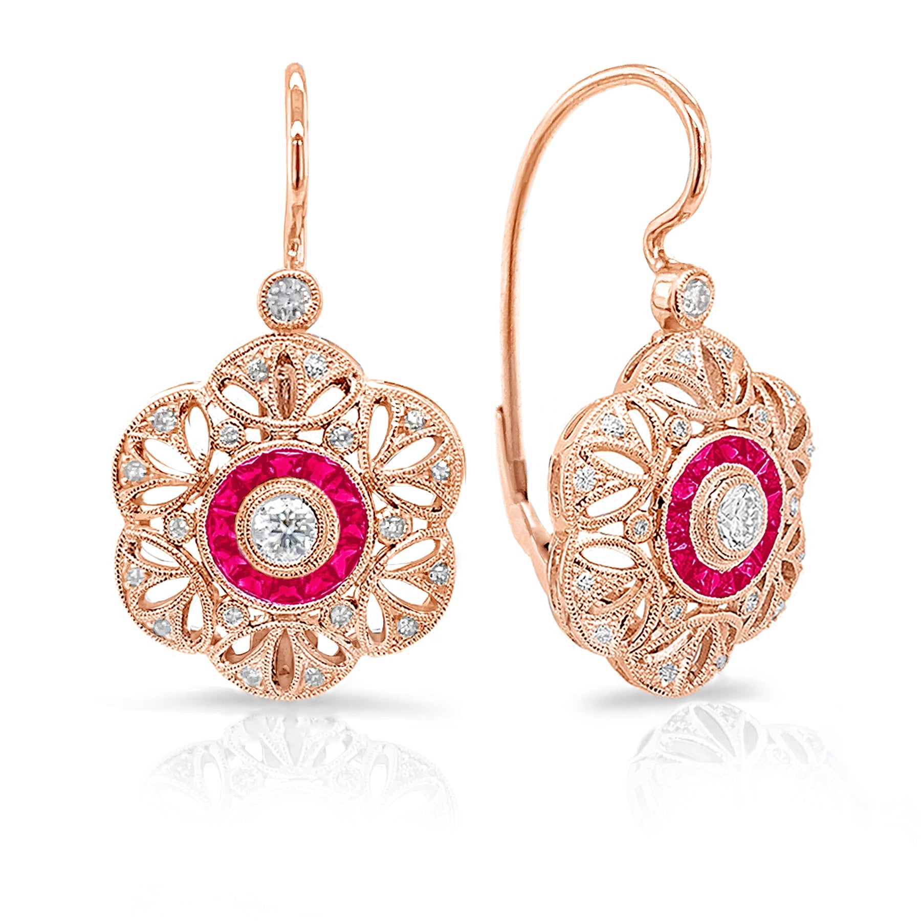 Bezel Set Diamond Center and Custom Cut Ruby Halo Lever Back Earrings by Jolie Designs