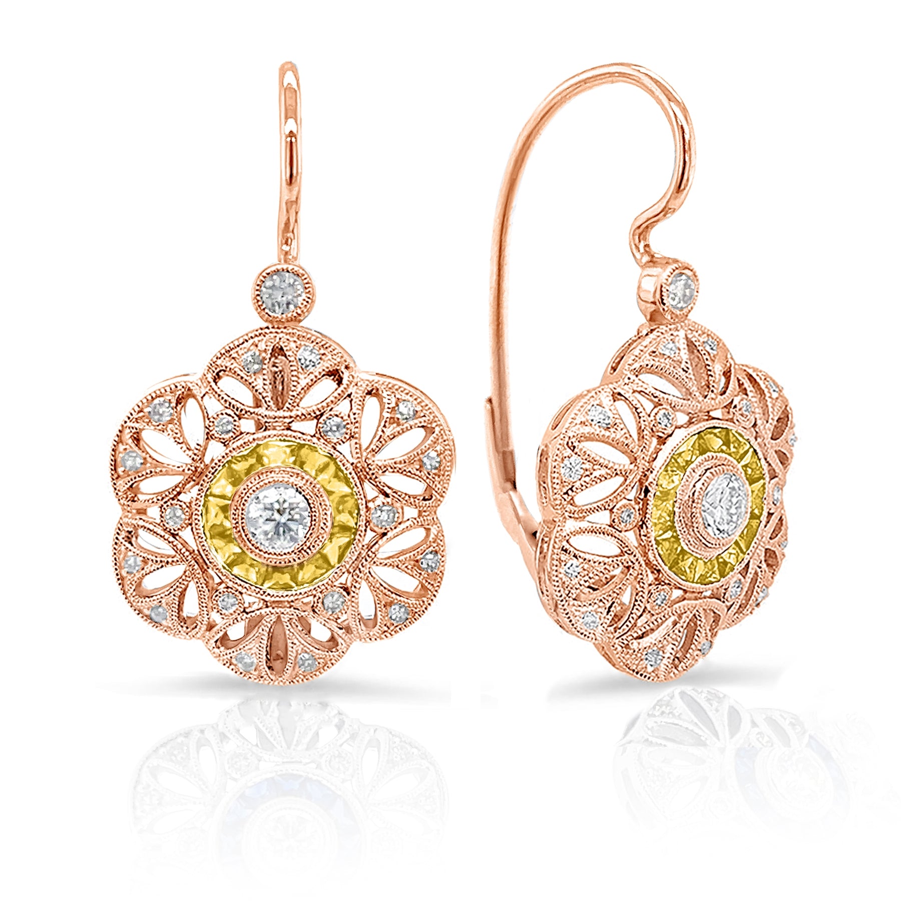 Bezel Set Diamond and Custom Cut Yellow Sapphire Halo Lever Back Earrings by Jolie Designs