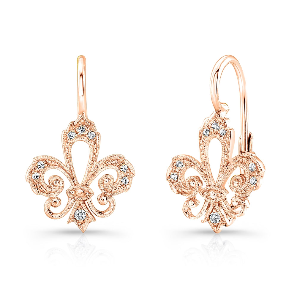 Jolie Designs Mill Grained Diamond Fleur De Li Lever Back Earrings - ELV200D