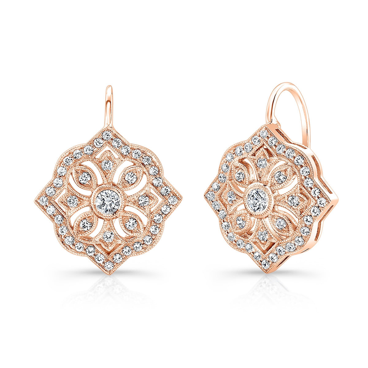 Scalloped Millgrain Lever Back Round Diamond Earrings by Jolie Designs
